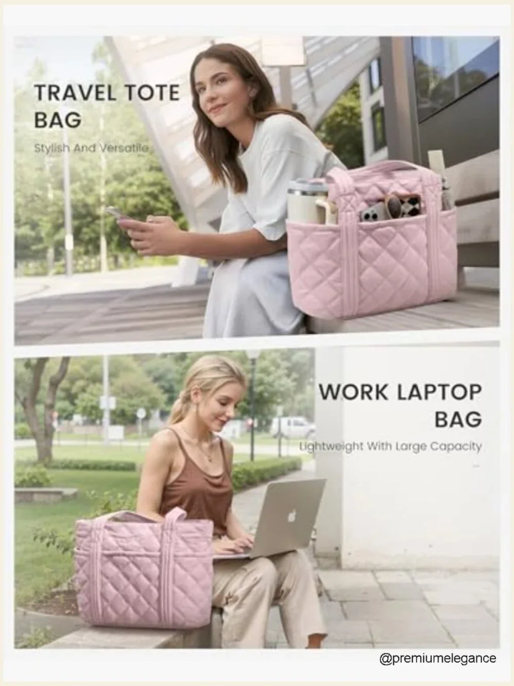 Puffer Tote Bag with Cup Holder, Work Handbag, Travel Carry On, 27L Capacity,